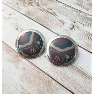 Vintage Clip On Earrings Large Patchwork Style Circle with Silver Tone Halo